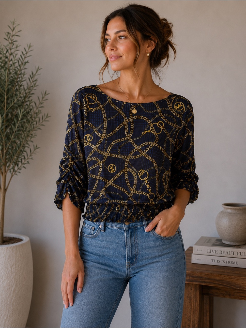 Michael Kors Navy and Gold Chain Print Blouse Size S Nautical Lightweight